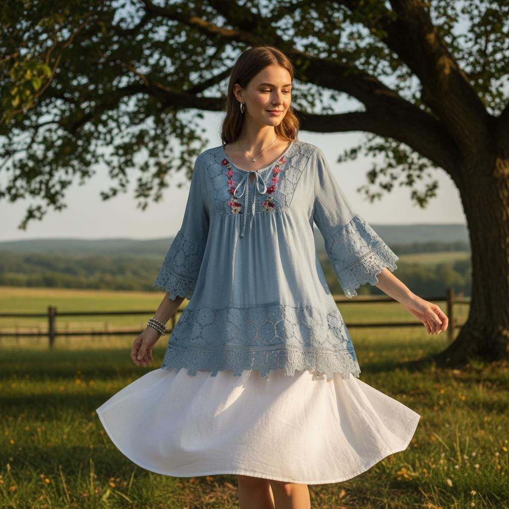 Women's Floral Embroidery Country Style Waist-cinching Top
