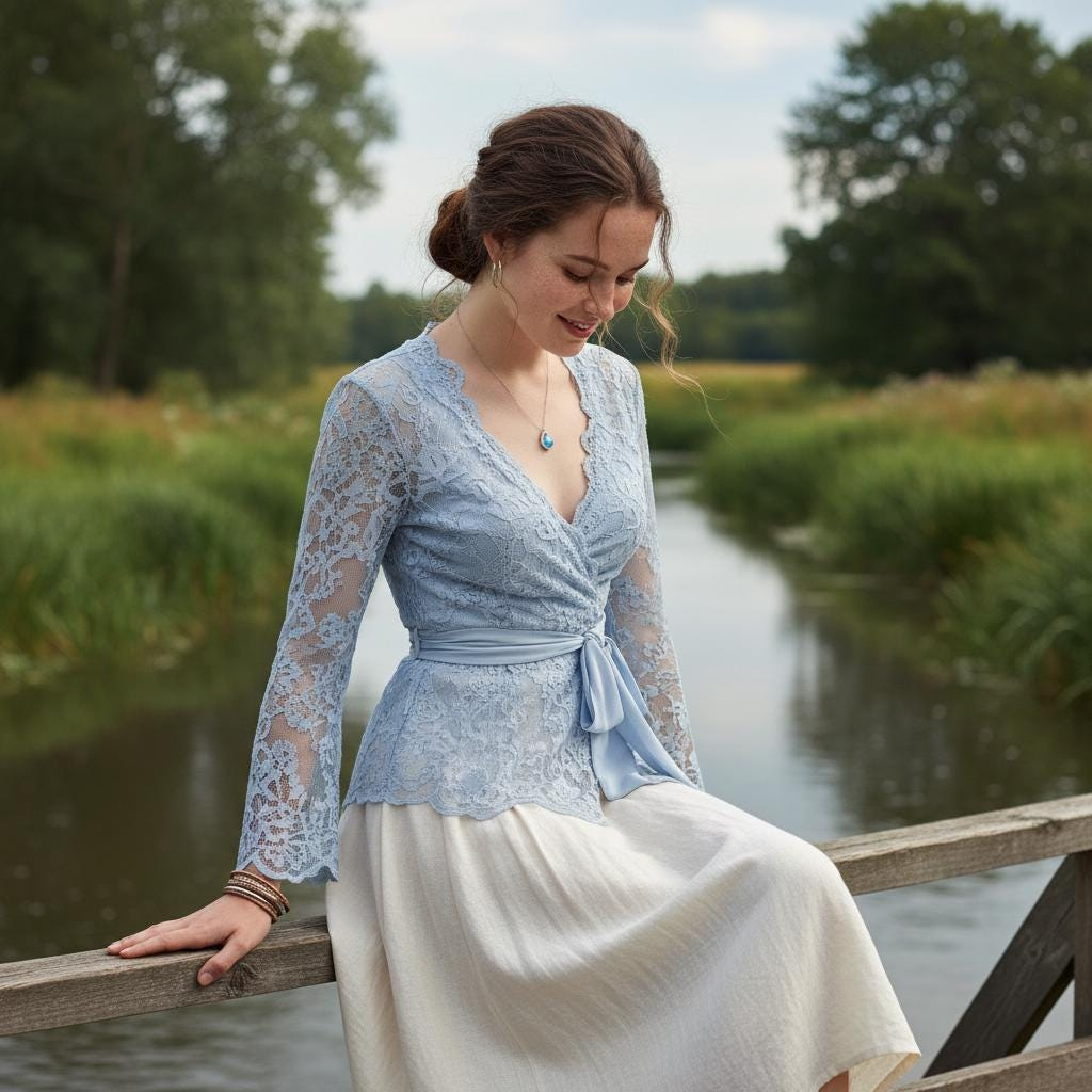 Soft blue pastoral style bell-sleeved top