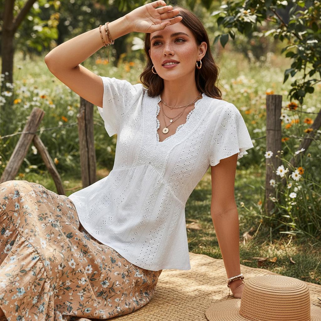 Village lace-trimmed openwork ruffled sleeve shirt
