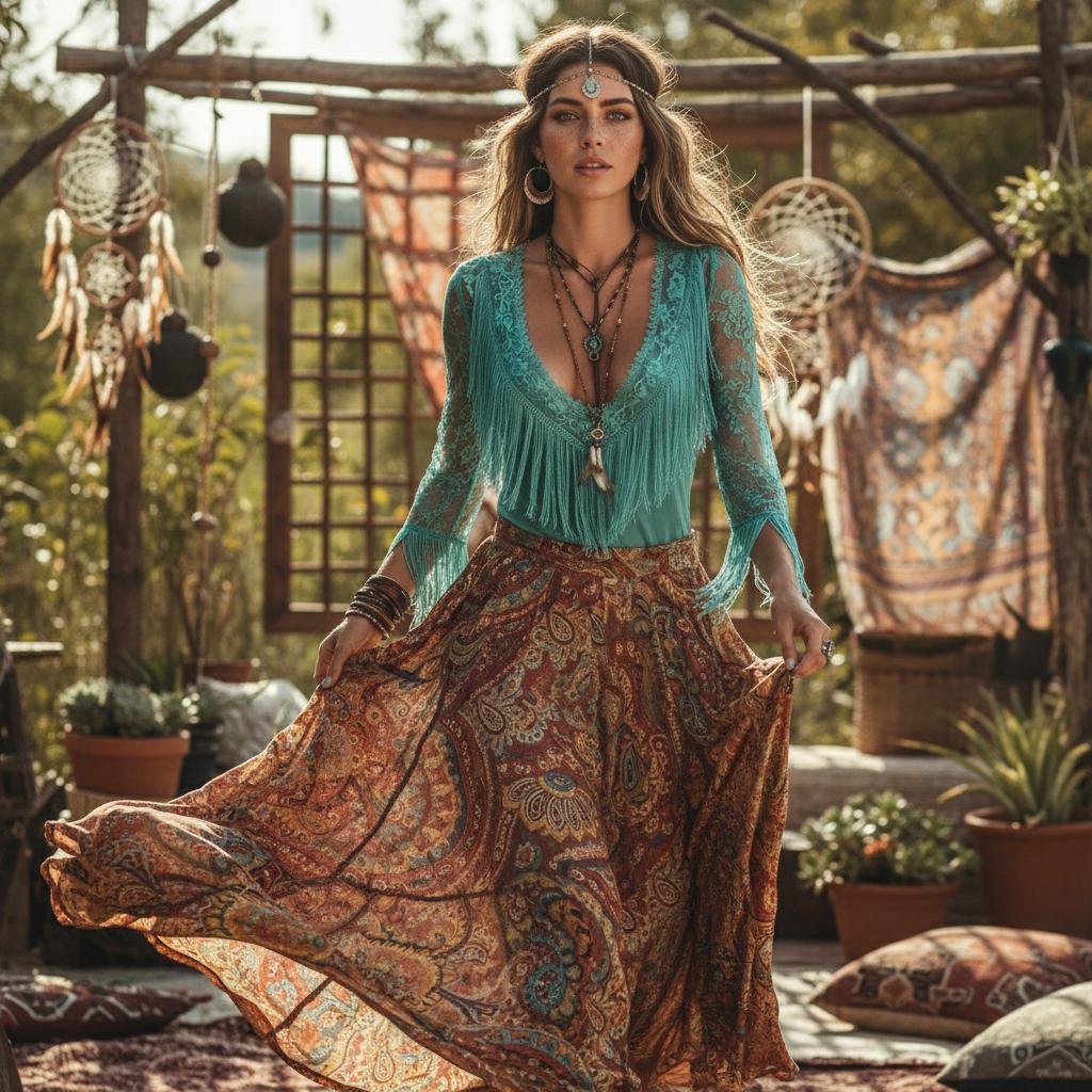 Turquoise deep V-neck tassel lace shirt