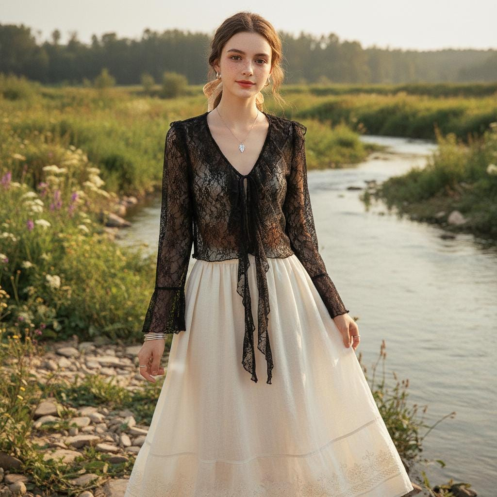 Sheer romantic black lace tie-front shirt