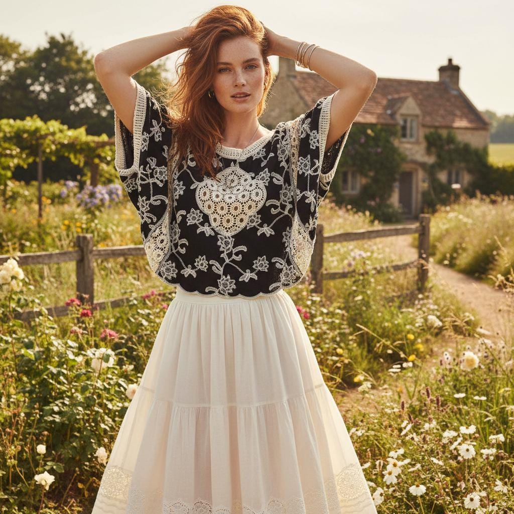 Retro country style black pastoral ethnic style top